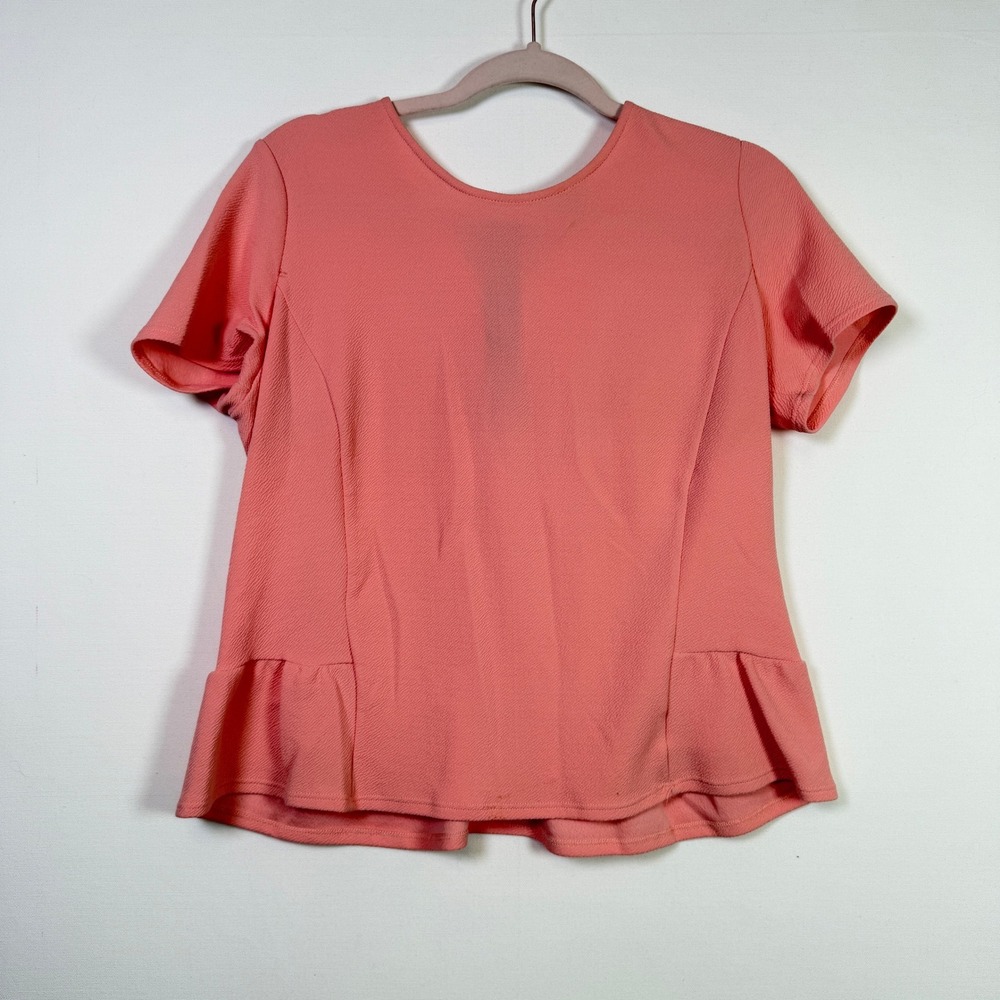 BAR III Coral Pink Textured Peplum Back Zip Short Sleeve Top XL